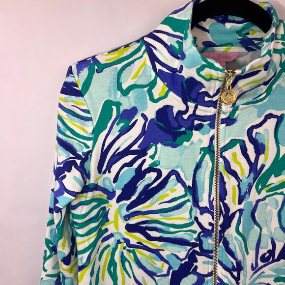 Lilly Pulitzer, Reagan Full-Zip Jacket, Pool Blue Green Stay Cool Cotton Spandex - Picture 5 of 12